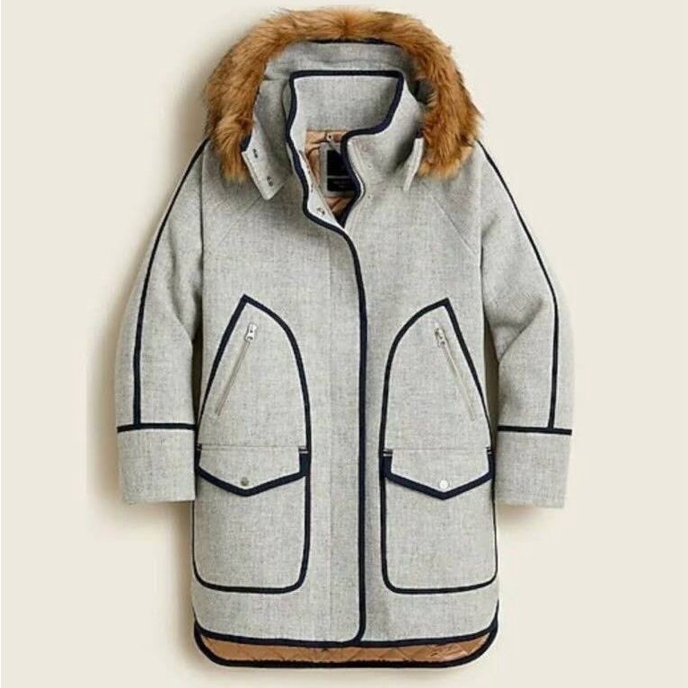 J.Crew Summit Parka Italian Stadium Cloth Grey with Navy Trim